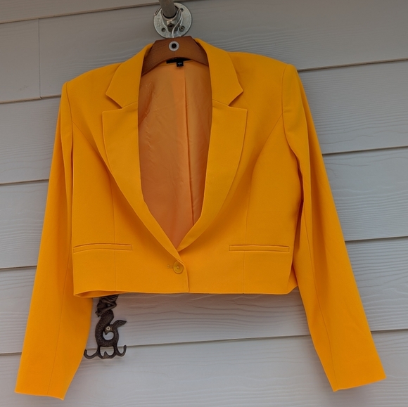 Express Cropped Jacket One Button Collar Size L Yellow Padded Shoulders - Picture 7 of 9